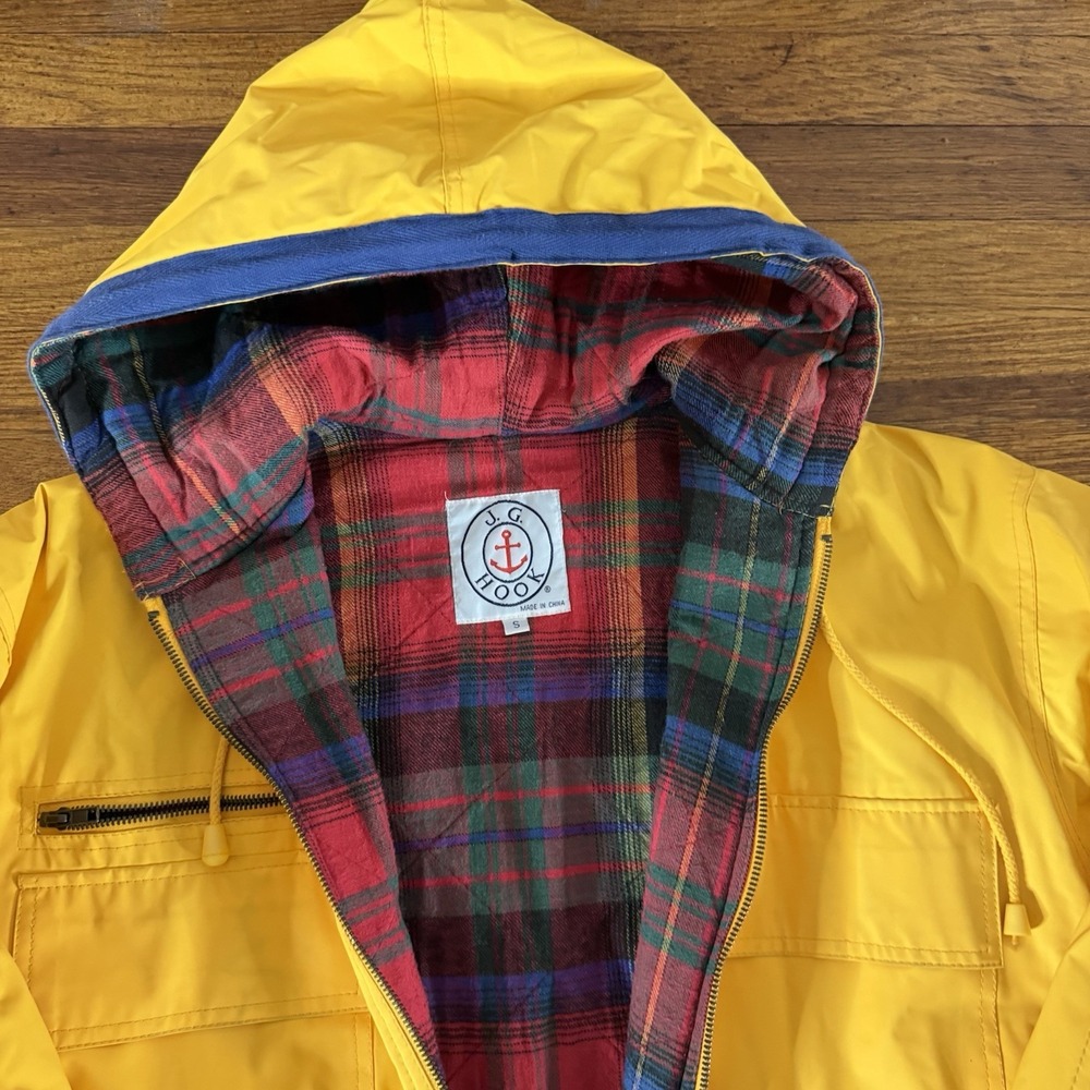 J.G. Hook Men's vintage Yellow Hooded Zip Rain Coat Lined Pockets Size S - Picture 3 of 6